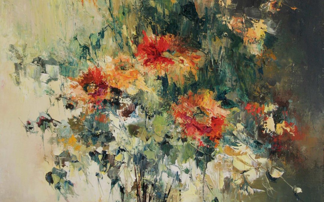 Bouquet et vase de verre